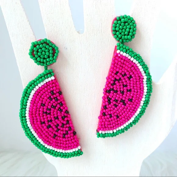 Watermelon Slice Seed Bead Dangle Earrings - Picture 3 of 7